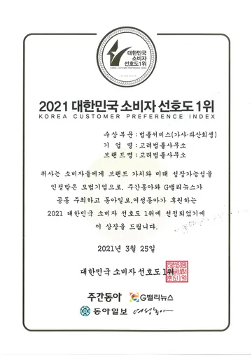 2021 대한민국 소비자선호도 1위 상장